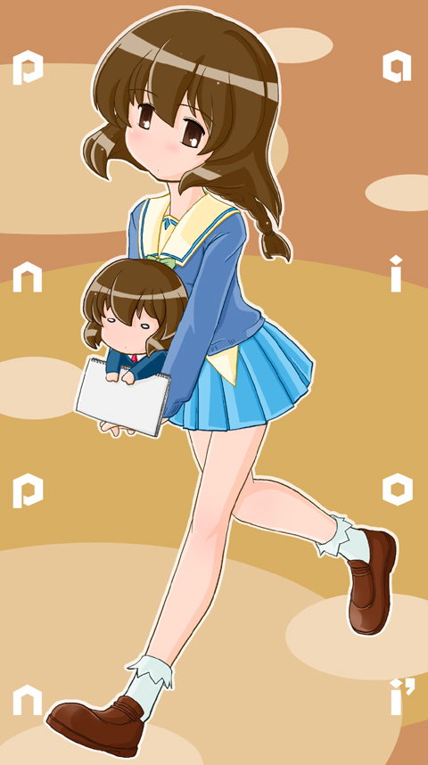 ichijou, ichijou no imouto, pani poni dash!, white legwear, 00s, 2girls, baby, blue shirt, blue skirt, blush, brown eyes, brown hair, carrying, expressionless, full body, long sleeves, multiple girls, pleated skirt, sailor collar, school uniform, shirt, siblings, sisters, skirt, socks, walking