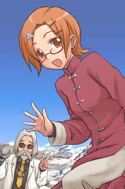minato fumi, uehara miyako, pani poni dash!, 00s, brown eyes, brown hair, changpao, china dress, chinese clothes, dress, glasses, open mouth, solo