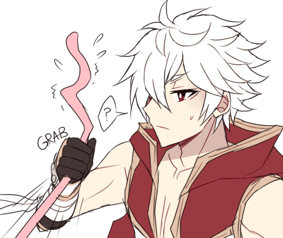 champion (ragnarok online), ragnarok online, 1boy, ?, astrarunia, black gloves, chen lio, closed mouth, coat, expressionless, gloves, gold trim, hair over one eye, male focus, red coat, red eyes, short hair, simple background, sleeveless, sleeveless coat, solo, tentacle grab, upper body, white background, white hair