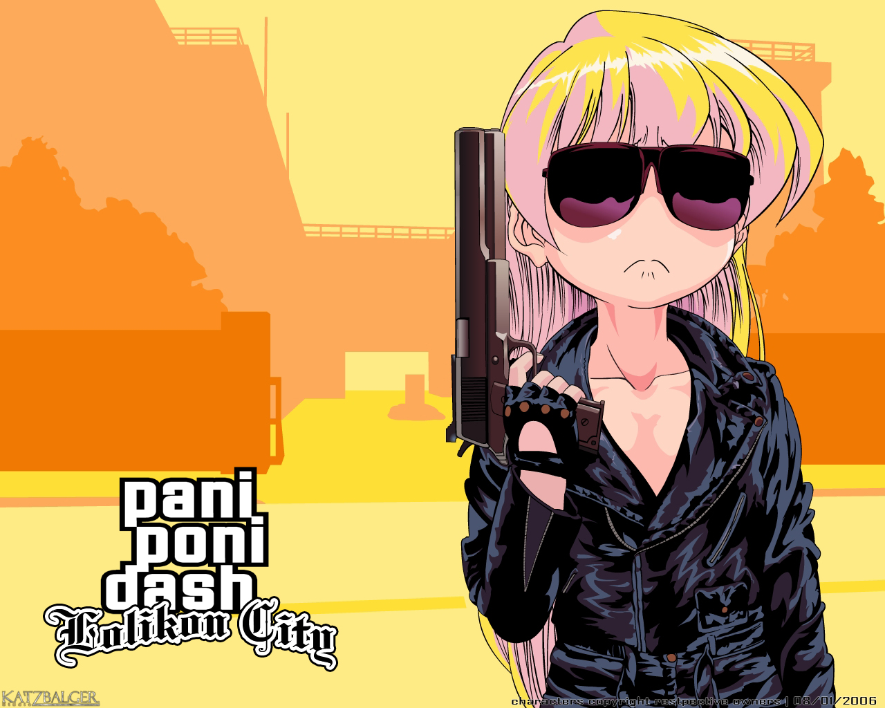 rebecca miyamoto, grand theft auto, pani poni dash!, rockstar, terminator (series), the terminator, 1girl, amt hardballer, amt hardballer longslide, child, copyright name, crossover, female focus, fingerless gloves, gloves, gun, handgun, jacket, leather, leather jacket, m1911, parody, pistol, semi-automatic pistol, solo, sunglasses, weapon