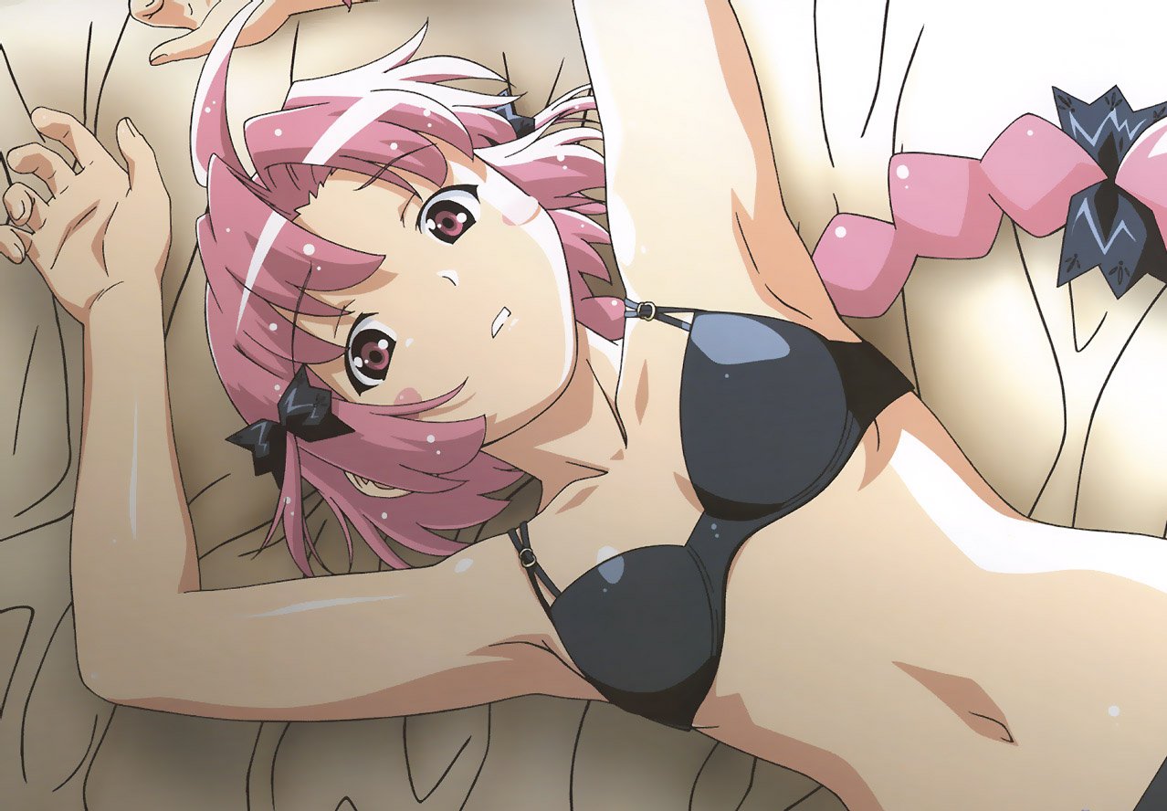watanabe akio, nakahara komugi, nurse witch komugi-chan, duplicate, 00s, 1girl, armpits, arms up, bed, bra, braid, female focus, flat chest, lingerie, pink eyes, pink hair, solo, underwear, underwear only
