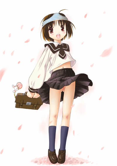 artist request, copyright request, 1girl, blossom, blush, brown eyes, brown hair, female focus, loli, midriff peek, navel, no panties, object on head, panties, panties on head, pussy, school uniform, serafuku, skirt, solo, striped clothes, striped panties, underwear, upskirt, white background