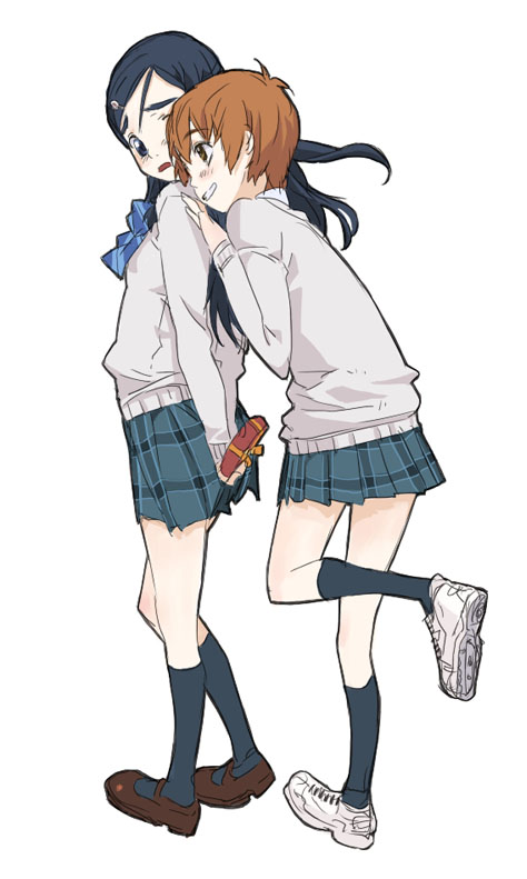 mura (kanojo no oukoku), misumi nagisa, yukishiro honoka, futari wa precure, precure, striped neckwear, 00s, 2girls, black socks, blue hair, blush, bow, bowtie, brown eyes, brown hair, grey eyes, kneehighs, legs, long hair, multiple girls, pleated skirt, school uniform, serafuku, short hair, simple background, skirt, socks, striped bow, striped bowtie, striped clothes, valentine, white background, yuri