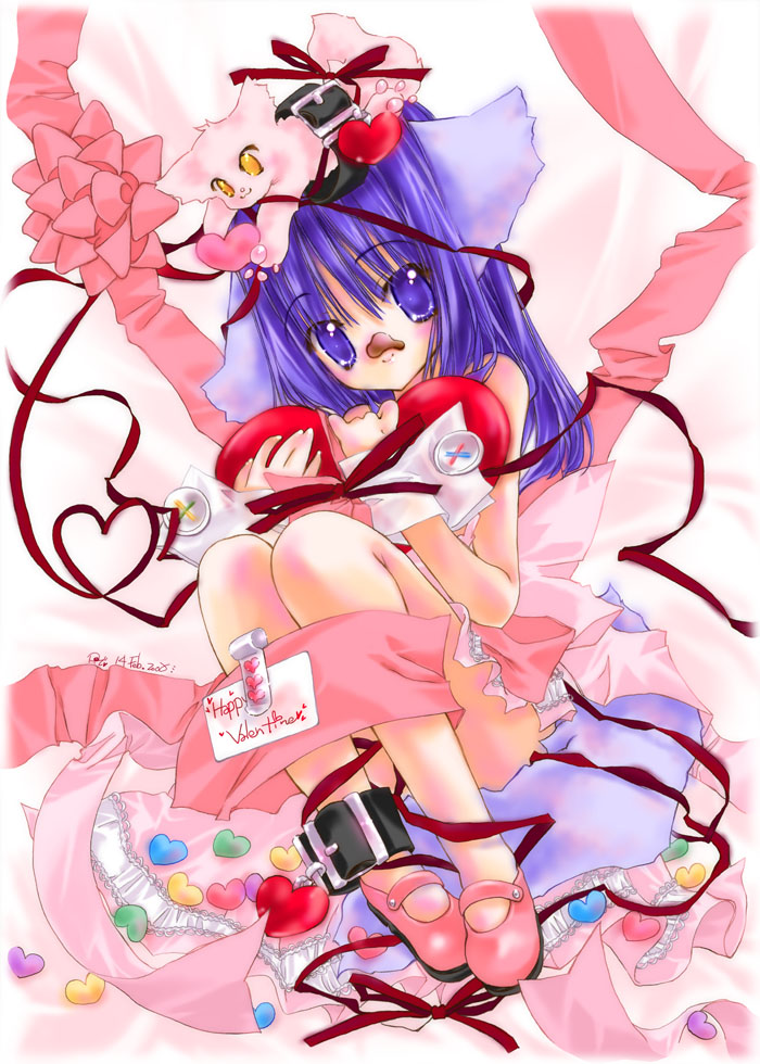 nyanmilla, 1girl, animal ears, cat, cat ears, female focus, heart, pink shoes, shoes, solo, valentine