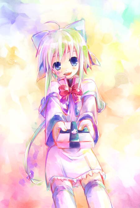 minamura haruki, lyrical nanoha, mahou shoujo lyrical nanoha, original, 00s, 1girl, ahoge, blue eyes, female focus, gift, holding, holding gift, miniskirt, ponytail, ribbon, skirt, solo, thighhighs, valentine, zettai ryouiki