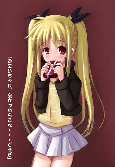 minamura haruki, fate testarossa, lyrical nanoha, mahou shoujo lyrical nanoha, 00s, 1girl, blonde hair, blouse, blush, bow, brown background, covering own mouth, embarrassed, female focus, gift, hair bow, hair ribbon, holding, holding gift, jacket, long hair, looking at viewer, nervous, open clothes, open jacket, pleated skirt, red background, red eyes, ribbon, shirt, simple background, skirt, solo, standing, striped clothes, striped shirt, twintails, valentine, vertical stripes, very long hair, yellow shirt