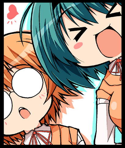 serebi ryousangata, yamada michiru, yoshioka chie, to heart (series), to heart 2, lowres, > <, 00s, 2girls, :o, blush, border, closed eyes, empty eyes, glasses, green hair, heart, multiple girls, o o, opaque glasses, open mouth, orange hair, portrait, school uniform, teeth, wide-eyed