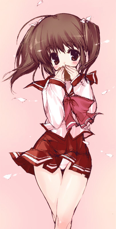 urotan, yuzuhara konomi, to heart (series), to heart 2, 00s, 1girl, bow, brown eyes, brown hair, candy, chocolate, chocolate heart, female focus, food, hair ribbon, heart, miniskirt, panties, pantyshot, pink background, pleated skirt, ribbon, school uniform, serafuku, short hair, short twintails, skirt, solo, standing, twintails, underwear, upskirt, white panties, wind, wind lift