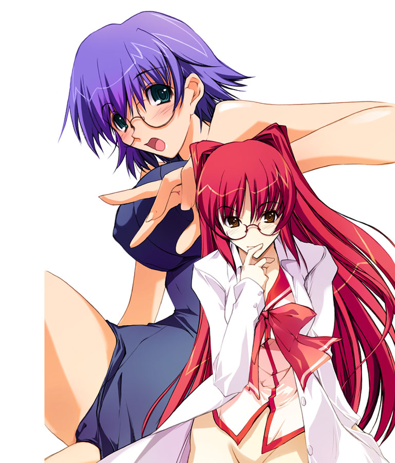 nagare hyougo, kousaka tamaki, tonami yuma, to heart (series), to heart 2, 00s, bespectacled, bottomless, cameltoe, glasses, lab coat, long hair, no panties, one-piece swimsuit, purple hair, red hair, school swimsuit, school uniform, serafuku, swimsuit, very long hair