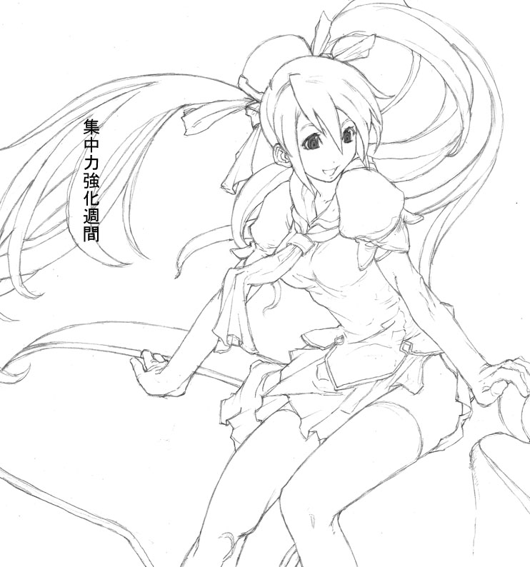 tetsu (kimuchi), kiniro, kiniro (mushihime-sama), reco, cave (developer), mushihime-sama, 1girl, female focus, greyscale, happy, hat, long hair, miniskirt, monochrome, necktie, rhinoceros beetle, simple background, sitting, skirt, smile, solo, thighhighs, twintails, very long hair, white background