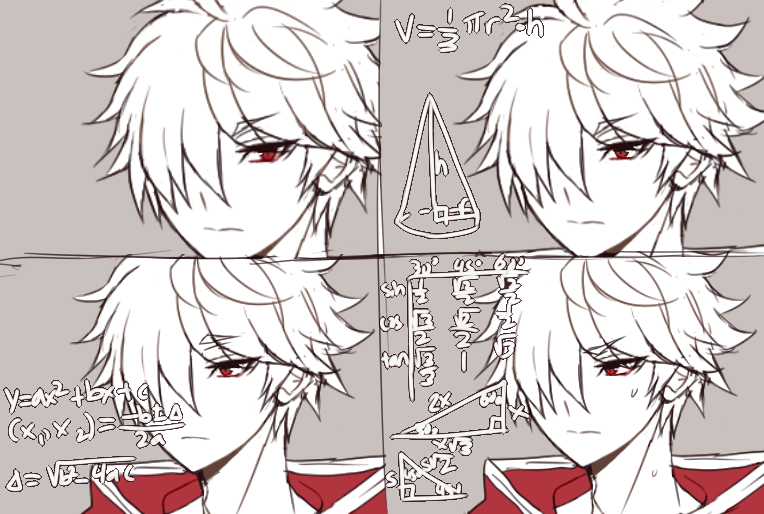 champion (ragnarok online), ragnarok online, 1boy, astrarunia, chen lio, closed mouth, expressionless, hair over one eye, male focus, math, math lady (meme), meme, red eyes, short hair, spot color, upper body