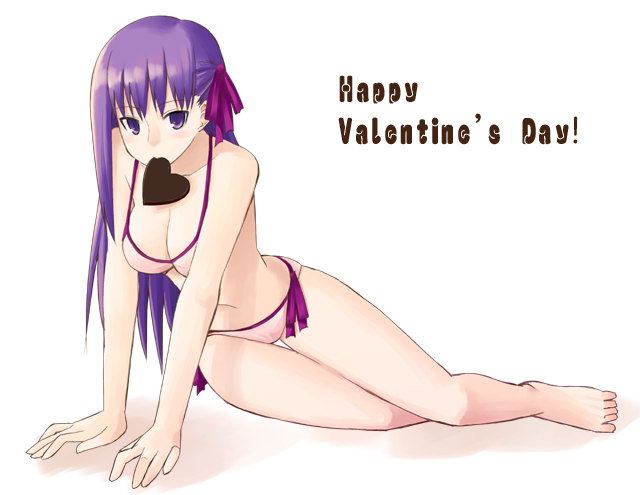 kakifly, matou sakura, fate/stay night, fate (series), 00s, 1girl, arm support, barefoot, bikini, breasts, candy, chocolate, chocolate heart, cleavage, female focus, food, happy valentine, heart, long hair, mouth hold, official alternate costume, purple eyes, purple hair, sitting, solo, swimsuit, valentine, yokozuwari
