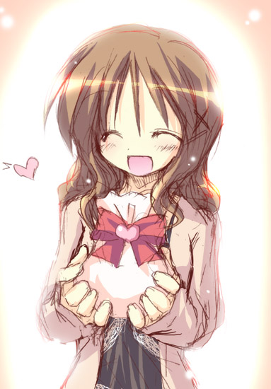 satou kibi, original, 1girl, :d, ^ ^, brown hair, closed eyes, female focus, hair ornament, hairpin, heart, open mouth, short hair, smile, solo, valentine