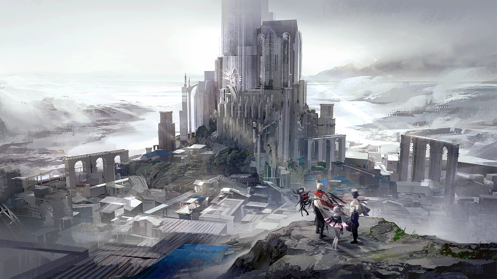 executor (arknights), executor the ex foedere (arknights), spuria (arknights), arknights, game cg, highres, official art, third-party source, 1girl, 2boys, black hair, blonde hair, blue hair, briefcase, building, column, day, detached wings, energy wings, floating clothes, floating hair, halo, holding, holding briefcase, horizon, insider (arknights), looking afar, monastery, multiple boys, muted color, outdoors, pillar, scenery, short hair, standing, wide shot, wings