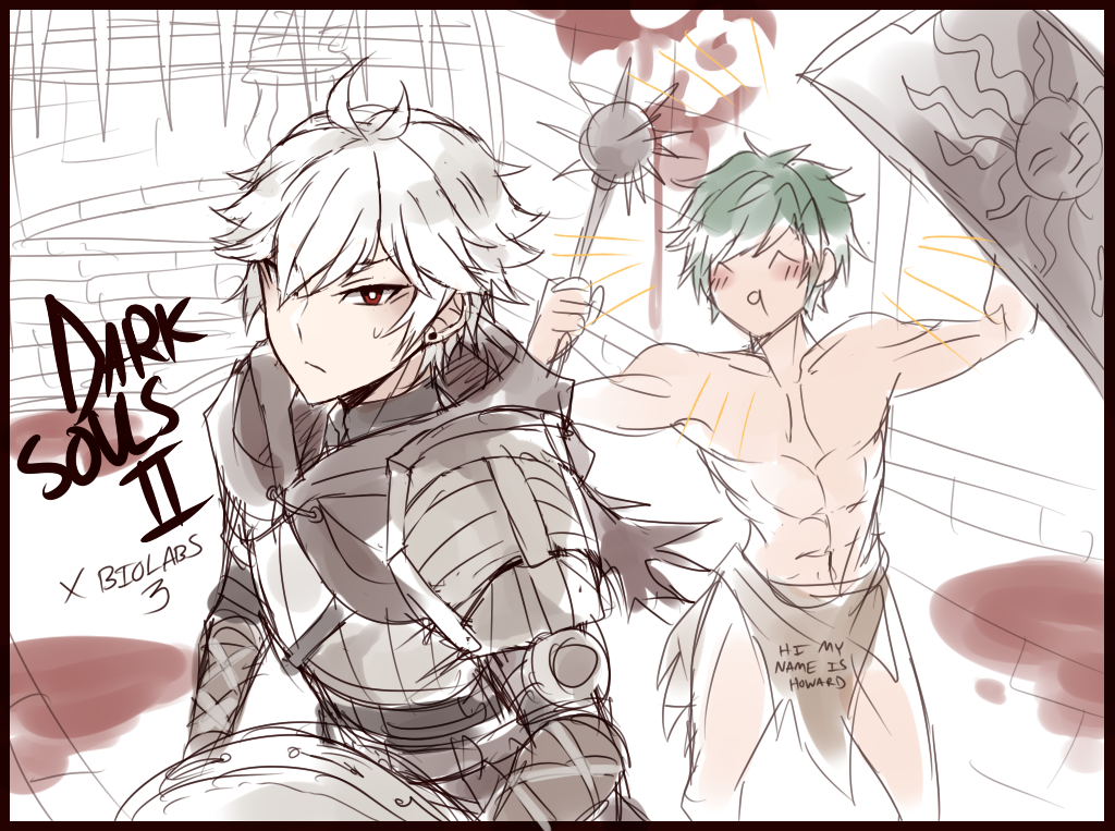 seyren windsor, dark souls (series), dark souls ii, ragnarok online, 2boys, abs, armor, astrarunia, black border, border, closed eyes, closed mouth, green hair, holding, holding mace, holding shield, holding weapon, howard alt-eisen, loincloth, looking at viewer, mace, male focus, multiple boys, open mouth, pauldrons, red eyes, shield, short hair, shoulder armor, smile, spiked mace, spikes, upper body, weapon, white background, white hair