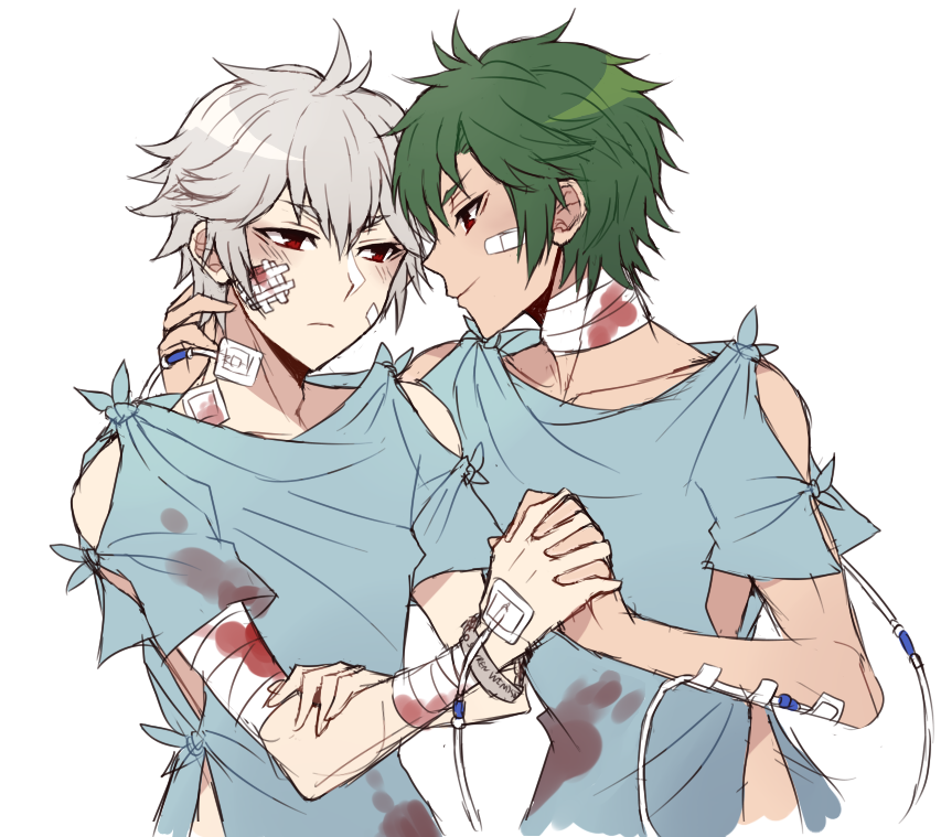 seyren windsor, ragnarok online, 2boys, alternate costume, astrarunia, bandaged arm, bandages, bandaid, bandaid on cheek, bandaid on face, blood, blood stain, closed mouth, gauze, gauze on cheek, green hair, grey hair, hair between eyes, howard alt-eisen, looking at another, male focus, medical scrubs, multiple boys, red eyes, short hair, simple background, upper body, white background, yaoi