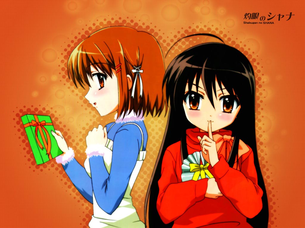 kamimura makiko, shana, yoshida kazumi, shakugan no shana, official art, official wallpaper, 00s, 2girls, :d, ahoge, black hair, blush, bow, brown eyes, brown hair, camisole, copyright name, finger to mouth, flat chest, from side, fur trim, gift, hair between eyes, hair ornament, hair ribbon, hairclip, halftone, hand on own chest, holding, holding gift, index finger raised, light smile, long hair, long sleeves, looking at viewer, multiple girls, open mouth, orange background, outline, profile, red hair, ribbon, short hair, shushing, sidelocks, smile, sweater, turtleneck, upper body, valentine, very long hair, winter clothes