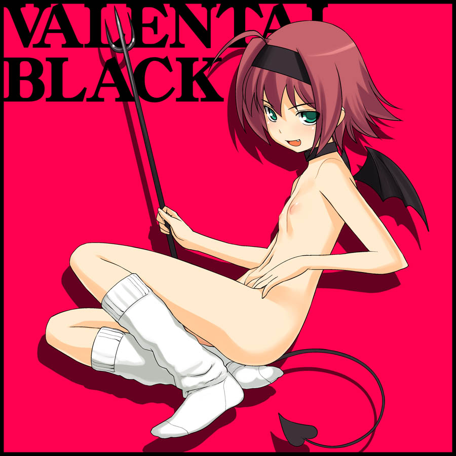 a1 (initial-g), 1girl, ahoge, demon tail, demon wings, english text, engrish text, fang, feet, female focus, flat chest, hairband, loose socks, nipples, polearm, ranguage, socks, solo, spear, tail, trident, weapon, wings