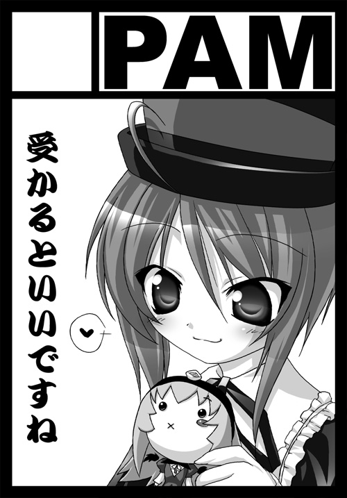 tachibana surimu, souseiseki, suigintou, rozen maiden, 00s, 1girl, black border, blush, border, circle cut, close-up, doll, female focus, greyscale, hair between eyes, hat, heart, heterochromia, holding, monochrome, portrait, ribbon, smile, solo, spoken heart, top hat, upper body, x mouth