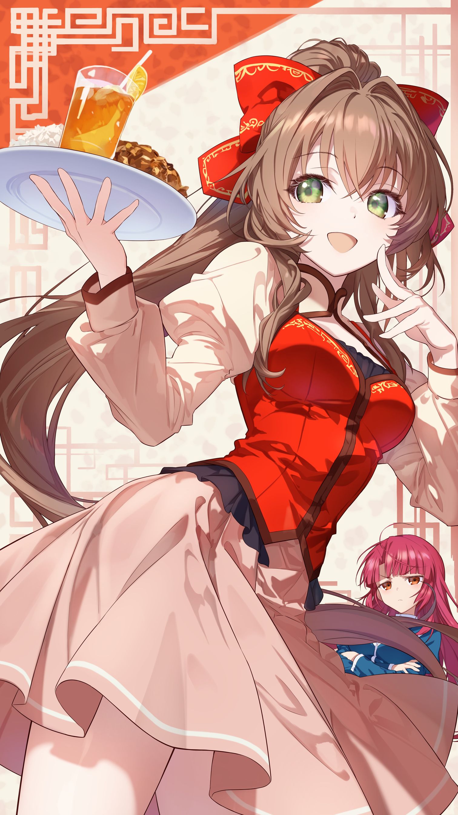 netarou (shinra), kannagi ayano, tsui-ling, kaze no stigma, absurdres, highres, 2girls, ahoge, blazer, brown hair, chinese clothes, food, green eyes, holding, holding tray, jacket, long hair, long sleeves, multiple girls, orange eyes, pleated skirt, puffy long sleeves, puffy sleeves, red hair, school uniform, seiryou academy school uniform, skirt, smile, tray