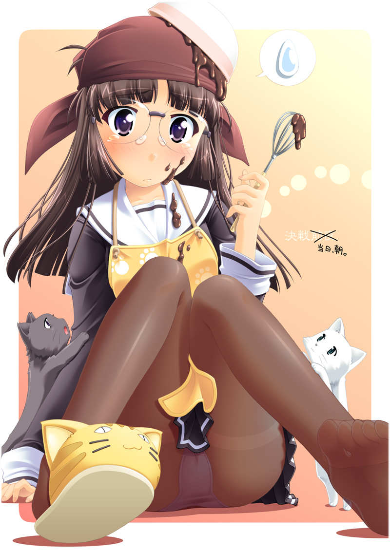 simk, yamabuki zarame, original, 1girl, apron, brown hair, brown headscarf, brown pantyhose, cat, chocolate, clumsy, fallen down, feet, female focus, food, food on face, glasses, headscarf, long hair, long sleeves, panties, panties under pantyhose, pantyhose, pantyshot, pleated skirt, purple eyes, school uniform, serafuku, shoes, single shoe, skirt, slippers, soles, solo, thighband pantyhose, toes, underwear, upskirt, valentine, whisk