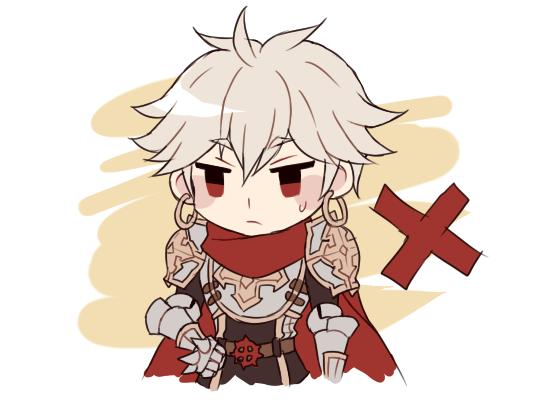 lord knight (ragnarok online), seyren windsor, ragnarok online, commentary, english commentary, 1boy, armor, astrarunia, belt, black belt, black tabard, breastplate, chainmail, chibi, chibi only, closed mouth, cross of prontera, expressionless, grey hair, looking at viewer, male focus, pauldrons, red eyes, short hair, shoulder armor, solo, spiked gauntlets, tabard, upper body, white background