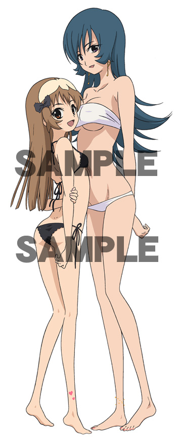 sakai kyuuta, kotona elegance, re mii, zoids, zoids genesis, official art, 00s, 2girls, :d, age difference, anklet, arms behind back, ass, back, bandeau, bare shoulders, barefoot, bikini, black bikini, blue eyes, blue hair, bow, breasts, brown hair, cleavage, collarbone, dimples of venus, earrings, feet, flat chest, from behind, hair bow, hair ornament, heart, holding own arm, jewelry, large breasts, legs, long hair, long legs, lowleg, lowleg bikini, multiple girls, nail polish, navel, open mouth, red eyes, sample watermark, side-tie bikini bottom, simple background, smile, standing, swimsuit, tattoo, underboob, watermark, white bikini