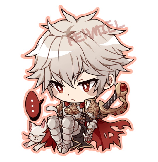 lord knight (ragnarok online), seyren windsor, ragnarok online, commentary, english commentary, …, 1boy, armor, armored boots, artist name, astrarunia, boots, breastplate, cape, chibi, chibi only, closed mouth, cross, expressionless, full body, grey hair, looking down, male focus, pauldrons, red cape, red eyes, short hair, shoulder armor, simple background, sitting, solo, spiked gauntlets, spoken ellipsis, white background