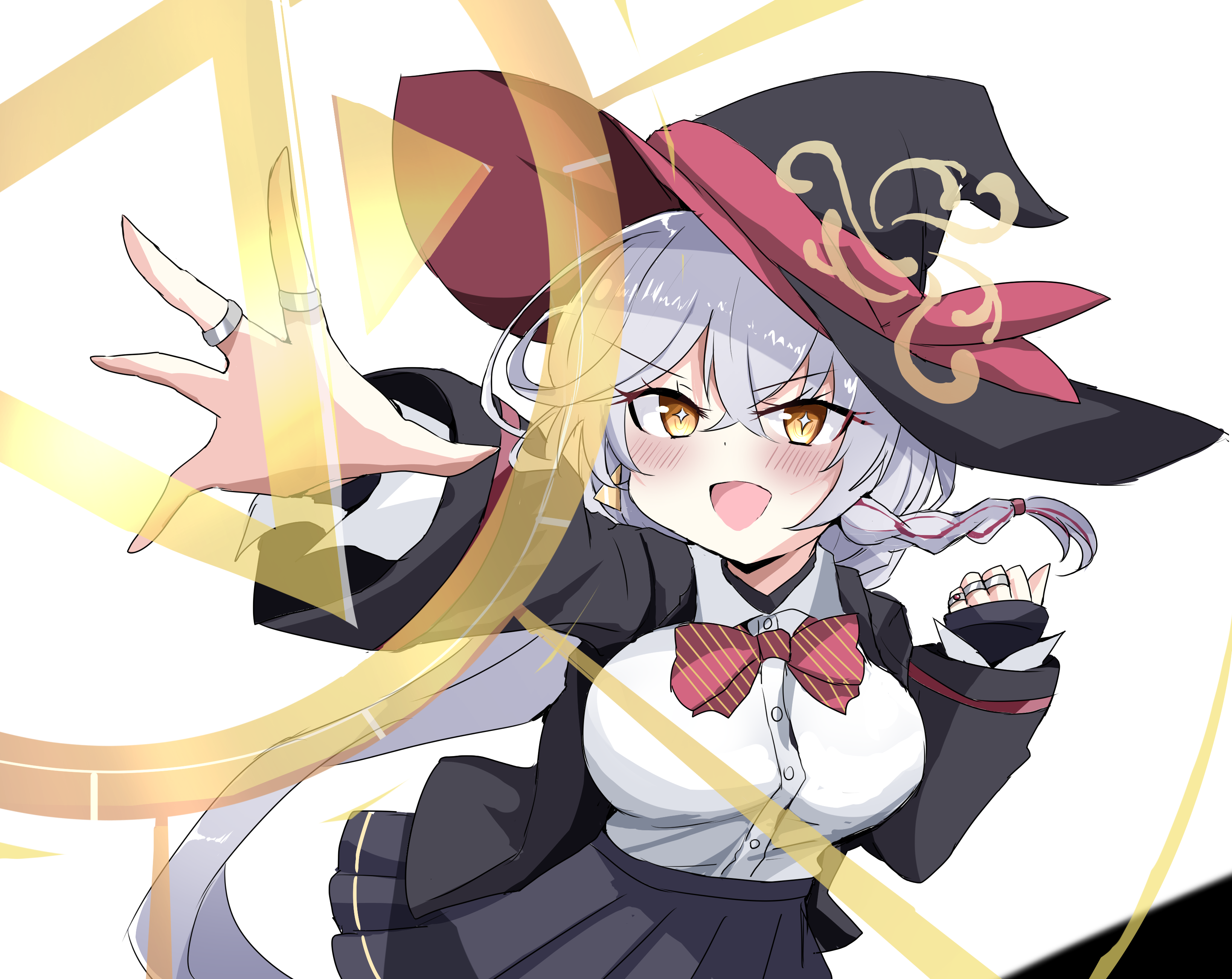 eri (blue archive), blue archive, bow, bowtie, braid, earrings, halo, hat, jacket, jewelry, long coat, long hair, magic circle, ring, shirt, skirt, sleeves past wrists, sweater, white hair, witch hat