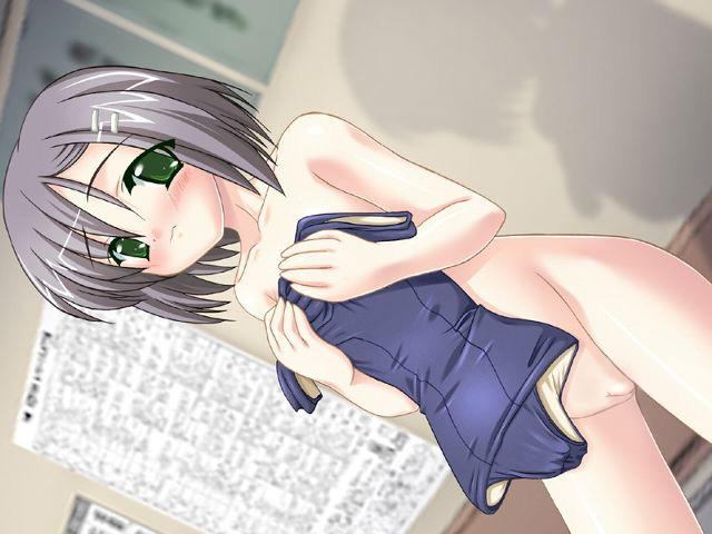 kyogoku shin, tachibana sakura, naisho no houkago, silver hair, game cg, 1girl, blush, clothes in front, covering privates, dutch angle, female focus, green eyes, kneeling, loli, nude, nude cover, one-piece swimsuit, pussy, school swimsuit, short hair, solo, standing, swimsuit, uncensored, unworn swimsuit
