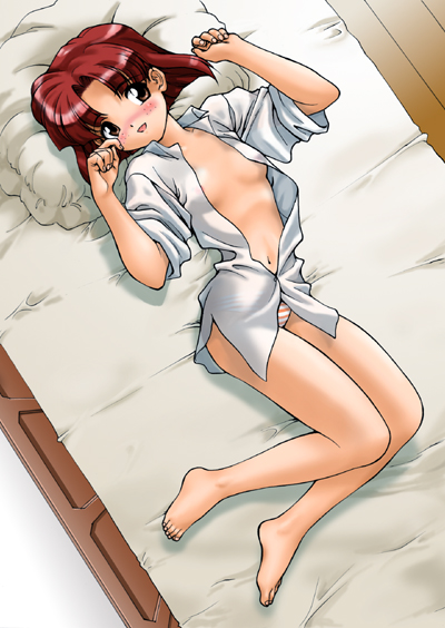 kedo mitsuharu, takamura tsubaki, sakura taisen, 00s, 1girl, barefoot, bed, blush, bottomless, brown eyes, dress shirt, feet, female focus, freckles, lying, no pants, on back, open clothes, open shirt, orange panties, panties, red hair, shirt, sleeves rolled up, solo, striped clothes, striped panties, underwear