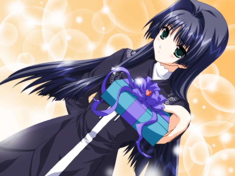 kunimi ema, doko e iku no ano hi, game cg, 1girl, dutch angle, female focus, gift, holding, holding gift, long hair, solo
