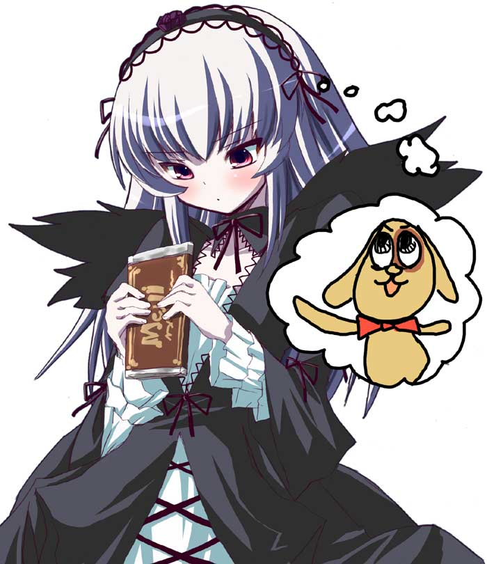 shinshin, kunkun, suigintou, meiji (brand), rozen maiden, silver hair, jpeg artifacts, 00s, 1girl, blush, candy, chocolate, chocolate bar, female focus, food, pale skin, pink eyes, solo