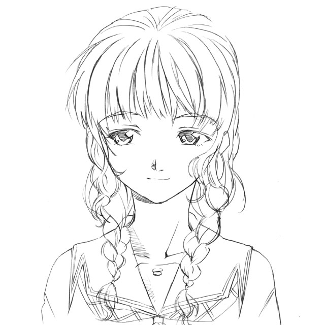 yamaguchi homupe, mizusawa mao, kimi kiss, 1girl, braid, female focus, greyscale, monochrome, school uniform, serafuku, sketch, solo, twin braids
