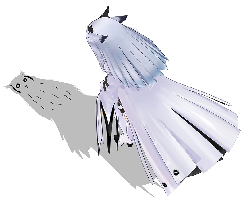 slophegor, ptilopsis (arknights), ptilopsis (elite ii) (arknights), arknights, 1girl, bird, boots, cat shadow puppet (meme), coat, feather hair, high heel boots, high heels, long hair, long sleeves, meme, owl, owl ears, owl girl, shadow, solo, thigh boots, white boots, white coat, white hair