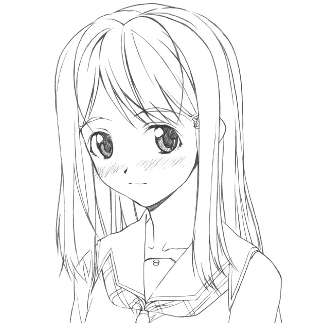 yamaguchi homupe, hoshino yuumi, kimi kiss, 1girl, blush, close-up, collarbone, female focus, greyscale, long hair, looking at viewer, monochrome, school uniform, serafuku, simple background, sketch, solo, white background