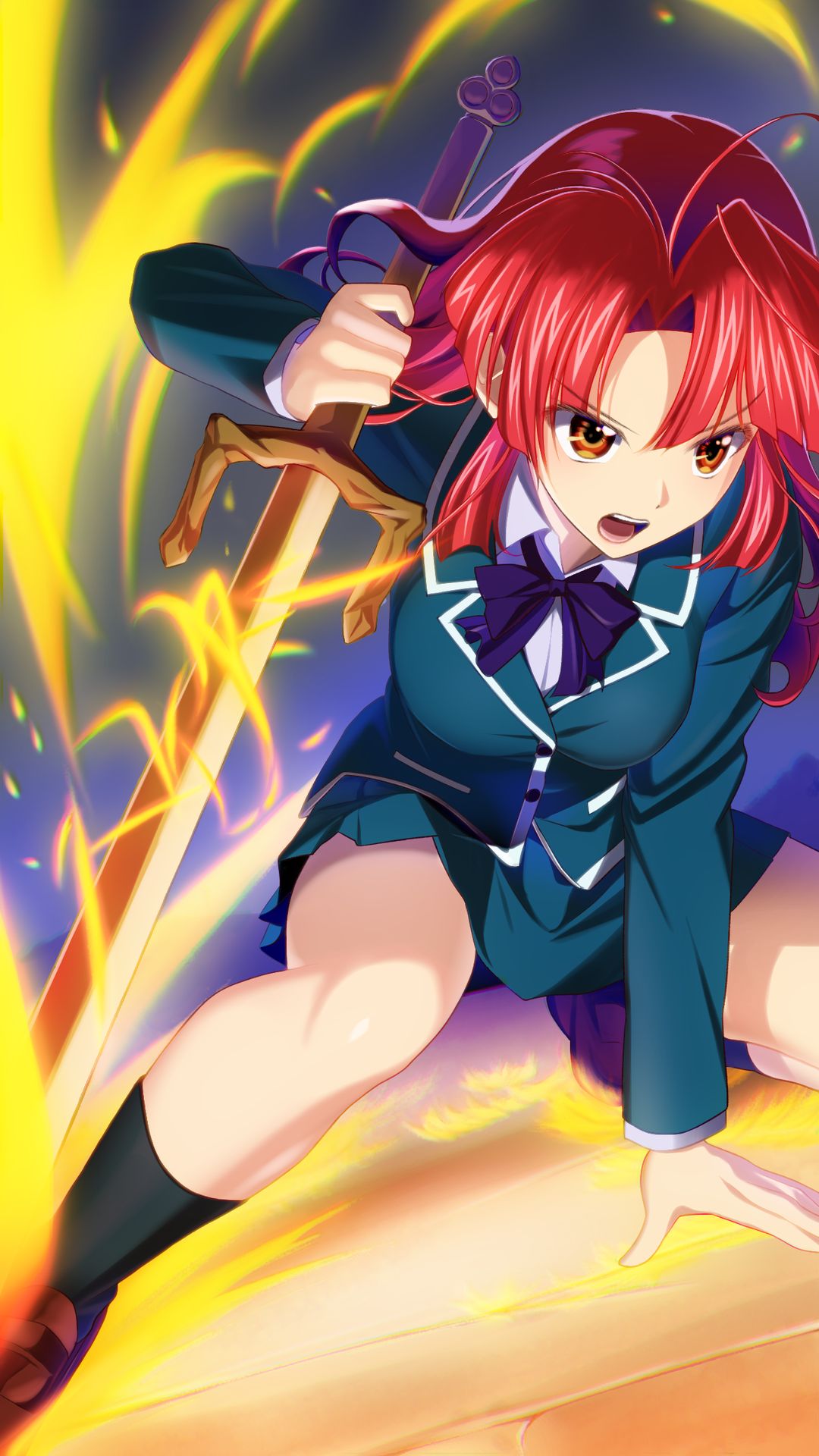 netarou (shinra), kannagi ayano, kaze no stigma, highres, 1girl, ahoge, blazer, fire, flaming sword, flaming weapon, holding, holding sword, holding weapon, jacket, long hair, open mouth, orange eyes, pleated skirt, red hair, school uniform, seiryou academy school uniform, skirt, solo, sword, weapon