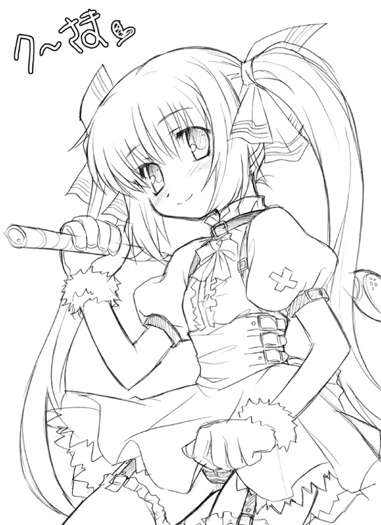aoi kumiko, kooh (pangya), pangya, greyscale, monochrome, panties, sketch, solo, striped clothes, striped panties, twintails, underwear