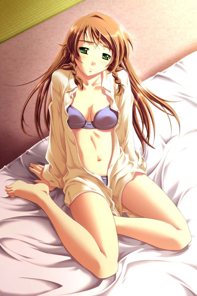haritama hiroki, terada sakurako, ensemble ~maioriru hane no ensemble~, game cg, 1girl, arm support, barefoot, bed, black panties, bottomless, bow, bow panties, bra, breasts, brown hair, cleavage, female focus, futon, green eyes, lingerie, long hair, long sleeves, navel, no pants, open clothes, open shirt, panties, shirt, sitting, solo, underwear, undressing, yokozuwari