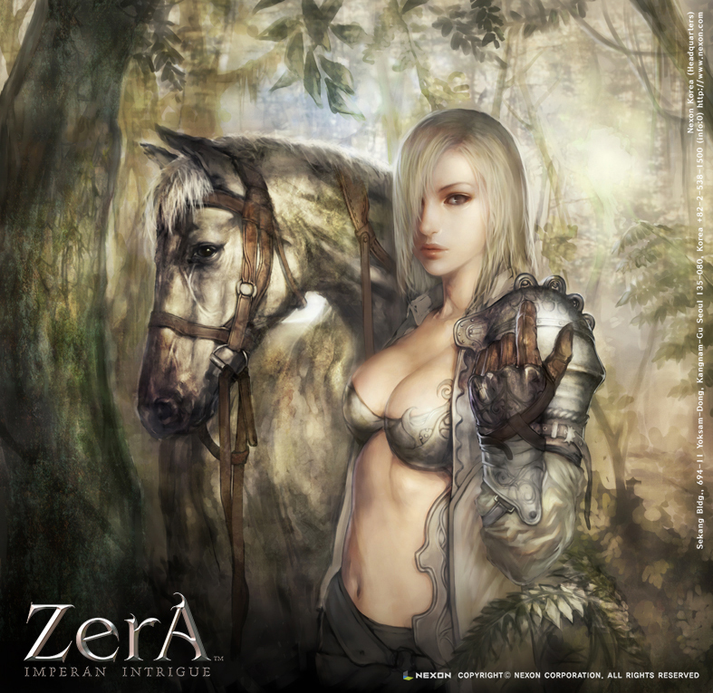 zera, 1girl, armor, blonde hair, breasts, cleavage, fantasy, female focus, gloves, hair over one eye, horse, large breasts, midriff, open clothes, open shirt, outdoors, pauldrons, realistic, reins, shirt, shoulder armor, shoulder pads, solo