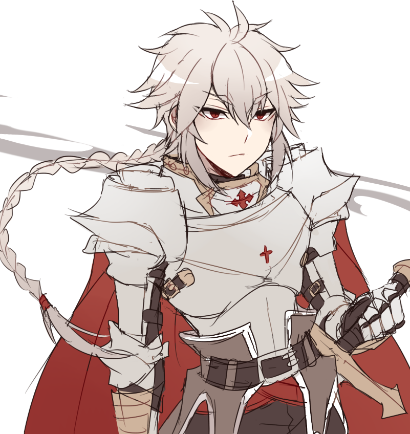 paladin (ragnarok online), seyren windsor, ragnarok online, 1boy, alternate costume, armor, astrarunia, braid, braided ponytail, breastplate, cape, closed mouth, cowboy shot, cross, expressionless, gauntlets, grey hair, hair between eyes, holding, holding sword, holding weapon, long hair, looking to the side, male focus, pauldrons, red cape, red eyes, shoulder armor, simple background, solo, sword, weapon, white background