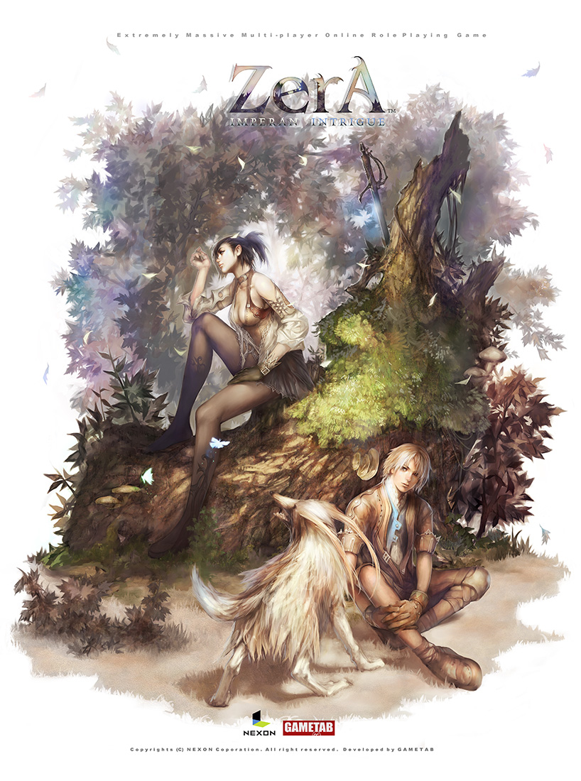 zera, 1boy, 1girl, breasts, bug, butterfly, cleavage, creature, dog, fantasy, forest, gloves, nature, outdoors, pantyhose, skirt, sword, weapon
