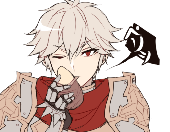 lord knight (ragnarok online), seyren windsor, ragnarok online, 1boy, armor, astrarunia, breastplate, closed mouth, cross, eating, food, grey hair, looking at viewer, male focus, one eye closed, pauldrons, red eyes, short hair, shoulder armor, simple background, solo, spiked gauntlets, sweet potato, upper body, white background