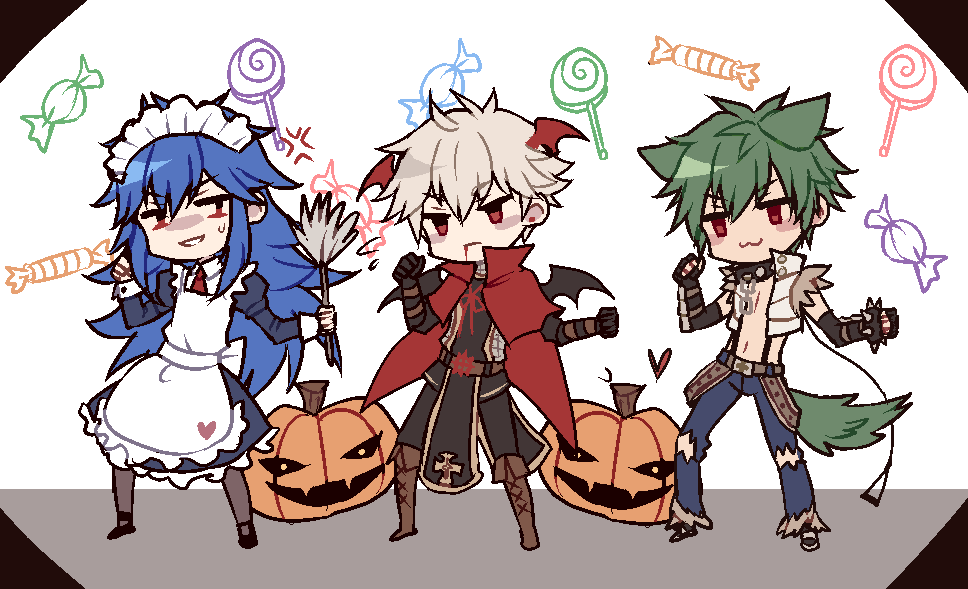 eremes guile, lord knight (ragnarok online), seyren windsor, whitesmith (ragnarok online), ragnarok online, animated, animated gif, 3boys, :3, alternate costume, animal ears, apron, armor, astrarunia, black gloves, black pants, black shirt, black tabard, blue hair, blue pants, boots, brown boots, candy, cape, chainmail, closed mouth, crop top, crossdressing, crossdressing (mtf), dancing, dog boy, dog ears, dog tail, dress, duster, enmaided, food, full body, fur-trimmed shirt, fur trim, gloves, green hair, grey dress, halloween, halloween costume, head wings, holding, holding duster, howard alt-eisen, jack-o'-lantern, juliet sleeves, kemonomimi mode, long hair, long sleeves, looking at viewer, maid, maid headdress, male maid, multiple boys, open clothes, open shirt, pants, puffy sleeves, pumpkin, red cape, red eyes, shirt, short hair, sleeveless, sleeveless shirt, smile, suspenders, tabard, tail, white apron, white background, white shirt, wings, wrapped candy