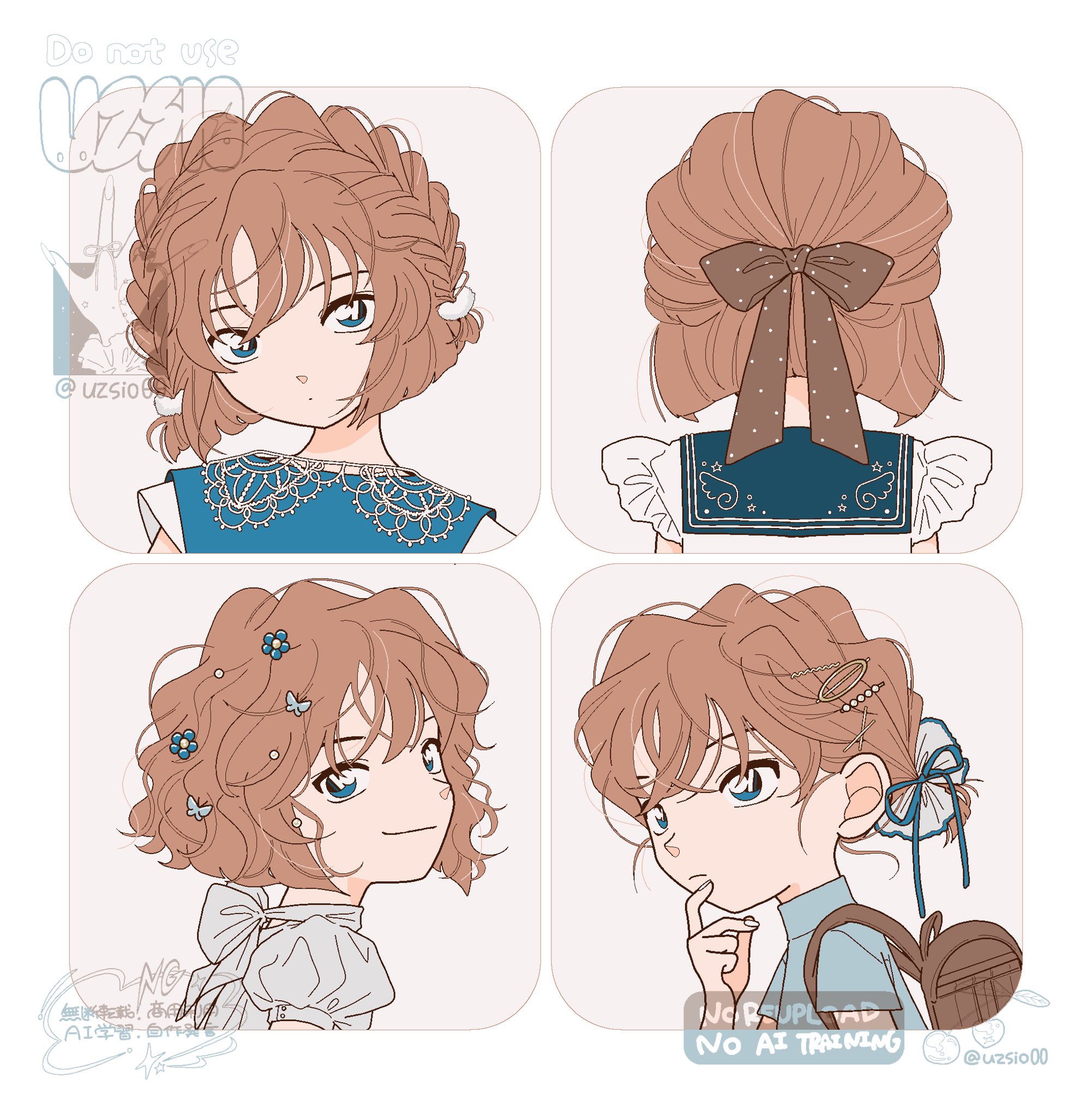 haibara ai, meitantei conan, highres, 1girl, bag, blue eyes, braid, brown hair, chart, closed mouth, hair chart, hair ornament, open mouth, ponytail, ribbon, shirt, short hair, short sleeves, sleeveless, smile, uzsio00