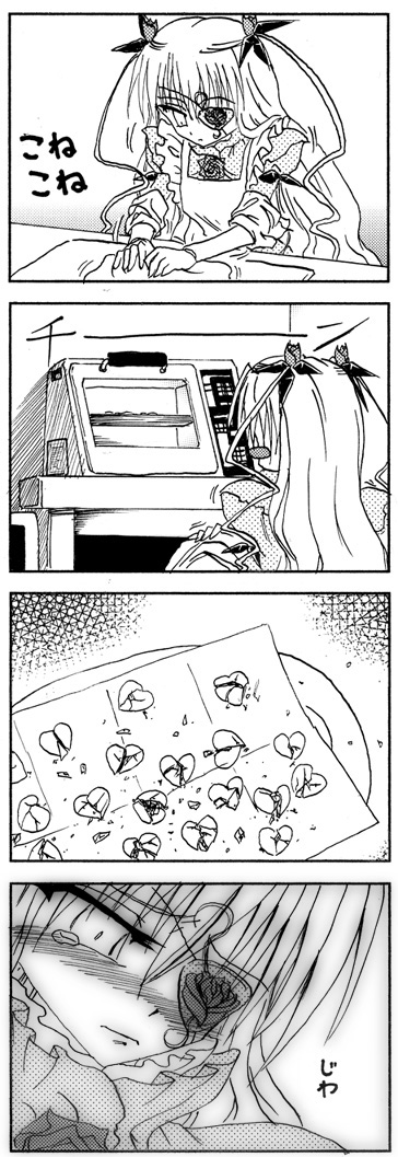 barasuishou, rozen maiden, 00s, 1girl, apron, baking, blush, broken heart, closed eyes, comic, cookie, crossed arms, failure, flower eyepatch, food, frown, greyscale, heart, kitchen, monochrome, oven, sad, silent comic, table, tears