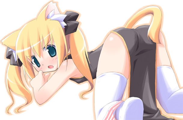 kagura yuuki, animal ears, blonde hair, blue eyes, cat ears, china dress, chinese clothes, dress, long hair, panties, solo, striped clothes, striped panties, thighhighs, top-down bottom-up, twintails, underwear