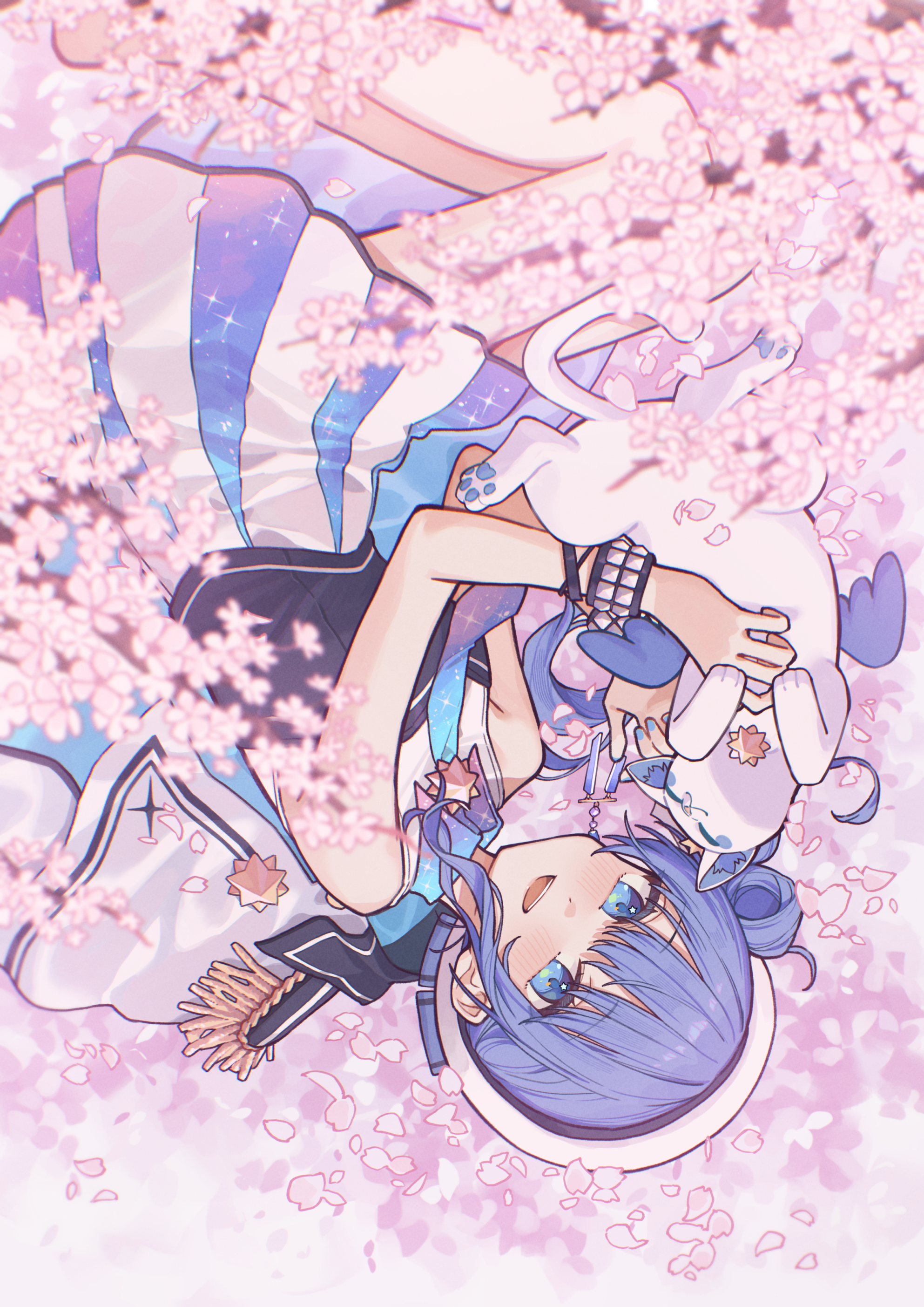 tsukino (nakajimaseiki), hoshimachi suisei, hoshimachi suisei (supernova), takoyaki (hoshimachi suisei), hololive, absurdres, commentary request, highres, 1girl, animal, blue eyes, blue hair, blue nails, blush, cat, cherry blossoms, flower, gradient necktie, holding, holding animal, holding cat, looking at viewer, nail polish, necktie, parted lips, pink flower, solo, teeth, two-tone skirt, upper teeth only, upside-down, virtual youtuber