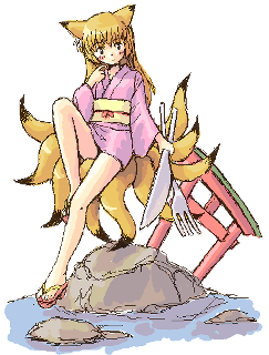 lowres, animal ears, fork, fox ears, japanese clothes, multiple tails, oekaki, sandals, solo, tail, torii, water, zouri