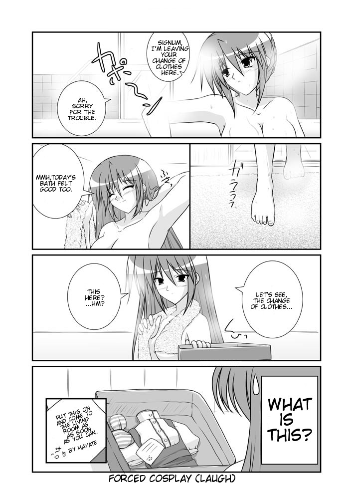 mikage takashi, signum, lyrical nanoha, mahou shoujo lyrical nanoha, mahou shoujo lyrical nanoha a's, hard-translated, third-party edit, translated, 00s, 1girl, 4koma, bathing, comic, english text, greyscale, monochrome
